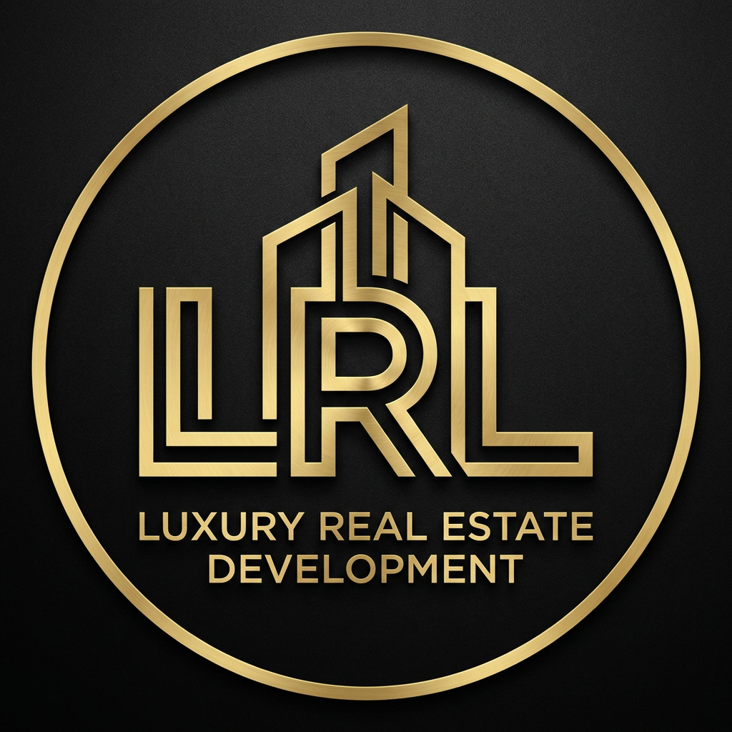 AI Design for A sophisticated, high-end vector logo for a premium real estate developer, featuring a custom monogram of the letters LRL. The design integrates modern, skyscraper-inspired geometric lines with elegant negative space to create a timeless, architectural emblem. Rendered in a metallic gold finish against a sleek matte black background, the aesthetic is minimalist, corporate, and bold. The composition prioritizes clean, sharp edges and perfect symmetry, reflecting an ultra-premium brand identity suitable for luxury property signage and high-end investor collateral.