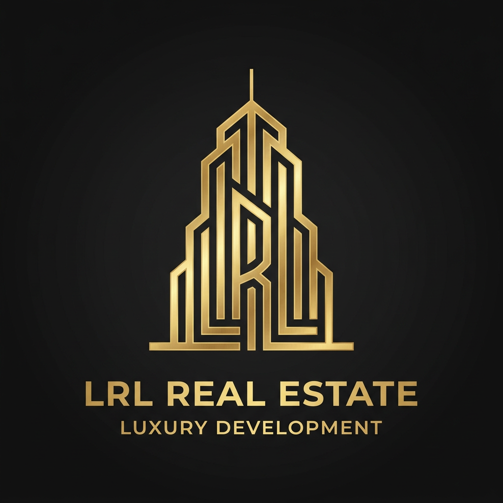 AI Design for A sophisticated, high-end vector logo for a premium real estate developer, featuring a custom monogram of the letters LRL. The design integrates modern, skyscraper-inspired geometric lines with elegant negative space to create a timeless, architectural emblem. Rendered in a lustrous metallic gold finish against a deep, sleek matte black background, the composition emphasizes sharp, clean edges and perfect symmetry for an ultra-premium brand identity.