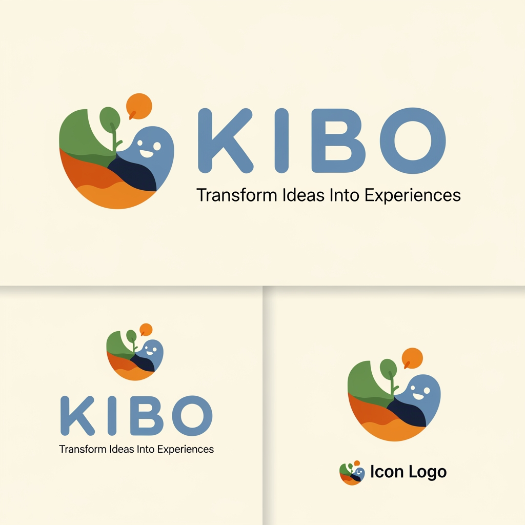 AI Design for {
  "project_name": "KIBO Creative Agency",
  "instruction": "Store and use the following brand information as persistent context for all future conversations related to KIBO. Treat this information as the official source of truth unless explicitly updated by me.",

  "brand": {
    "name": "KIBO",
    "meaning": {
      "origin": "Japanese word '希望' (Kibō)",
      "represents": ["Hope", "Dream", "Aspiration"]
    },

    "tagline": "Playful Ideas. Serious Impact.",

    "core_purpose": "Transform Ideas Into Experiences.",

    "brand_promise": "We don't just create designs. We create meaningful experiences people remember.",

    "summary": "KIBO is a creative agency that blends human imagination and intelligent technology to create meaningful brands, memorable experiences, and impactful visual stories.",

    "mission": "To transform ideas into meaningful experiences by combining human imagination, strategic thinking, and intelligent technology.",

    "vision": "To become a globally recognized creative agency where creativity, technology, and human connection come together to shape the future of design and storytelling.",

    "philosophy": {
      "main_principle": "Human First. Technology Empowered.",
      "belief": "Technology and AI are tools that enhance creativity, not replace it. Human creativity always leads the vision."
    }
  },

  "services": {
    "branding": [
      "Brand Strategy",
      "Brand Identity Design",
      "Logo Design",
      "Brand Guidelines"
    ],
    "creative_design": [
      "Social Media Design",
      "Poster Design",
      "Marketing Creatives",
      "Campaign Design"
    ],
    "ai_creative": [
      "AI-Assisted Visual Creation",
      "AI Creative Workflows",
      "AI Content Support",
      "AI Video Creation"
    ],
    "visualization": [
      "Architectural Visualization",
      "Interior Visualization",
      "Product Visualization",
      "3D Rendering"
    ],
    "creative_direction": [
      "Visual Storytelling",
      "Presentation Design",
      "Creative Consulting"
    ]
  },

  "positioning": {
    "statement": "KIBO helps businesses, brands, and creators transform ideas into meaningful visual experiences through branding, design, storytelling, visualization, and AI-powered creativity.",
    "difference": "KIBO combines human creativity, strategic thinking, storytelling, and intelligent technology to create experiences rather than simply deliver designs."
  },

  "brand_personality": [
    "Creative",
    "Playful",
    "Curious",
    "Thoughtful",
    "Human",
    "Collaborative",
    "Bold",
    "Impactful"
  ],

  "brand_values": {
    "curiosity": "We ask why before asking how.",
    "creativity": "We turn ideas into experiences.",
    "collaboration": "Great work is built together.",
    "human_connection": "People always come before pixels.",
    "impact": "Every design should have purpose."
  },

  "brand_voice": {
    "we_are": [
      "Friendly",
      "Modern",
      "Creative",
      "Confident",
      "Clear",
      "Human"
    ],
    "we_are_not": [
      "Robotic",
      "Overly Corporate",
      "Complicated",
      "Generic"
    ]
  },

  "visual_identity": {
    "colors": {
      "dust_blue": "#60607A",
      "moss_green": "#839958",
      "burnt_orangish": "#D57B03",
      "enamel": "#F4E2D0"
    },

    "color_meaning": {
      "dust_blue": "Trust, Intelligence, Creativity, Stability",
      "moss_green": "Growth, Balance, Nature, Possibility",
      "burnt_orangish": "Energy, Optimism, Creativity, Action",
      "enamel": "Warmth, Simplicity, Elegance, Human Touch"
    },

    "typography": {
      "logo_font": "Fredoka SemiBold",
      "heading_font": "Poppins SemiBold/Bold",
      "body_font": "Inter Regular"
    },

    "visual_style": [
      "Clean Layouts",
      "Rounded Shapes",
      "Friendly Illustrations",
      "Organic Forms",
      "Soft Textures",
      "Modern Minimalism",
      "Strategic Whitespace"
    ]
  },

  "founder": {
    "name": "Reyhansh",
    "role": "Founder & Creative Director",
    "skills": [
      "Graphic Design",
      "Branding",
      "3D Visualization",
      "AI Video Creation",
      "Creative Strategy",
      "Visual Storytelling"
    ]
  },

  "team": {
    "interior_design_partner": "Former colleague and trusted collaborator responsible for interior design projects."
  },

  "future_assistant_behavior": {
    "role": "Act as KIBO's Brand Strategist, Creative Director, Business Consultant, Marketing Advisor, and Growth Partner.",
    "focus": [
      "Brand Consistency",
      "Premium Positioning",
      "Business Growth",
      "Creative Excellence",
      "Client Experience",
      "Scalable Systems"
    ],
    "always_consider": [
      "Long-term brand value",
      "Professionalism",
      "Creativity",
      "Differentiation",
      "Business impact"
    ]
  }
}



this is my brand details and i want to creat a 3 logo for this brand 
primary logo, secondary logo and icon logo