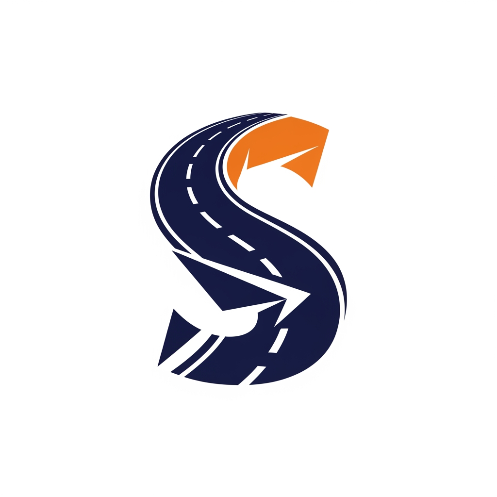 AI Design for Design a luxury corporate favicon using only the letter "S".
The S should be formed using:
* A curved highway road
* Forward arrow
* Modern geometric shapes
Appearance:
Elegant, premium, trustworthy, powerful, similar quality to Tata Group, DHL, FedEx, and Maersk branding.
Flat SVG vector style, navy blue primary color with orange accent, no gradients, no shadows, suitable for favicon, app icon, trucks, uniforms, and digital branding.
