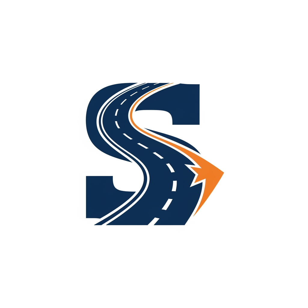 AI Design for Design a luxury corporate favicon using only the letter "S".
The S should be formed using:
* A curved highway road
* Forward arrow
* Modern geometric shapes
Appearance:
Elegant, premium, trustworthy, powerful, similar quality to Tata Group, DHL, FedEx, and Maersk branding.
Flat SVG vector style, navy blue primary color with orange accent, no gradients, no shadows, suitable for favicon, app icon, trucks, uniforms, and digital branding.
