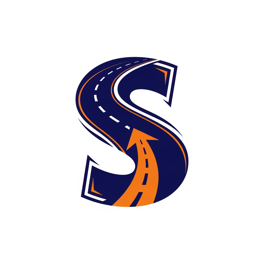 AI Design for Design a luxury corporate favicon using only the letter "S".
The S should be formed using:
* A curved highway road
* Forward arrow
* Modern geometric shapes
Appearance:
Elegant, premium, trustworthy, powerful, similar quality to Tata Group, DHL, FedEx, and Maersk branding.
Flat SVG vector style, navy blue primary color with orange accent, no gradients, no shadows, suitable for favicon, app icon, trucks, uniforms, and digital branding.