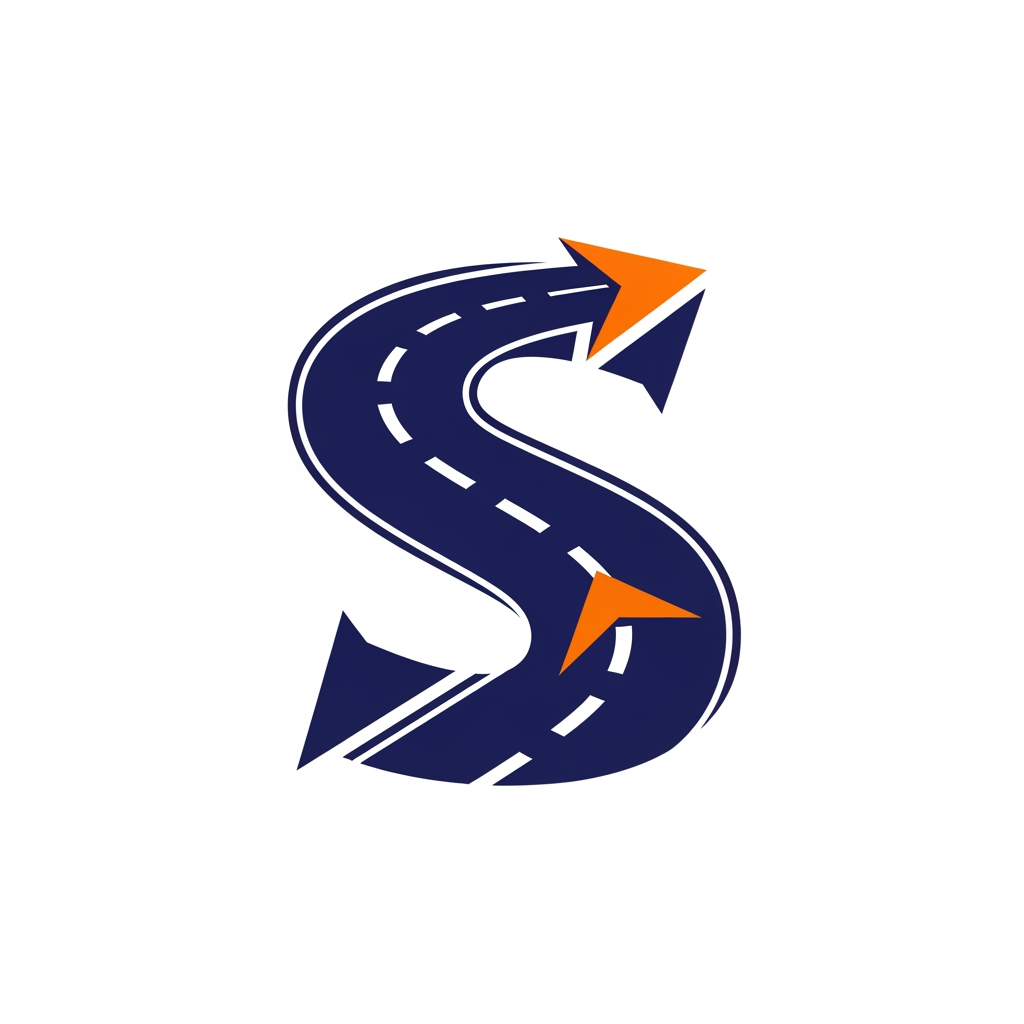 AI Design for Design a luxury corporate favicon using only the letter "S".
The S should be formed using:
* A curved highway road
* Forward arrow
* Modern geometric shapes
Appearance:
Elegant, premium, trustworthy, powerful, similar quality to Tata Group, DHL, FedEx, and Maersk branding.
Flat SVG vector style, navy blue primary color with orange accent, no gradients, no shadows, suitable for favicon, app icon, trucks, uniforms, and digital branding.