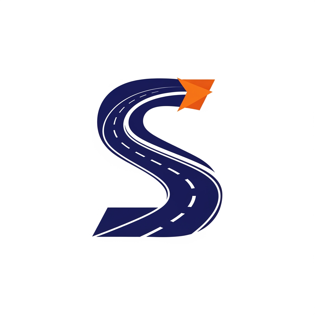 AI Design for Design a luxury corporate favicon using only the letter "S".
The S should be formed using:
* A curved highway road
* Forward arrow
* Modern geometric shapes
Appearance:
Elegant, premium, trustworthy, powerful, similar quality to Tata Group, DHL, FedEx, and Maersk branding.
Flat SVG vector style, navy blue primary color with orange accent, no gradients, no shadows, suitable for favicon, app icon, trucks, uniforms, and digital branding.