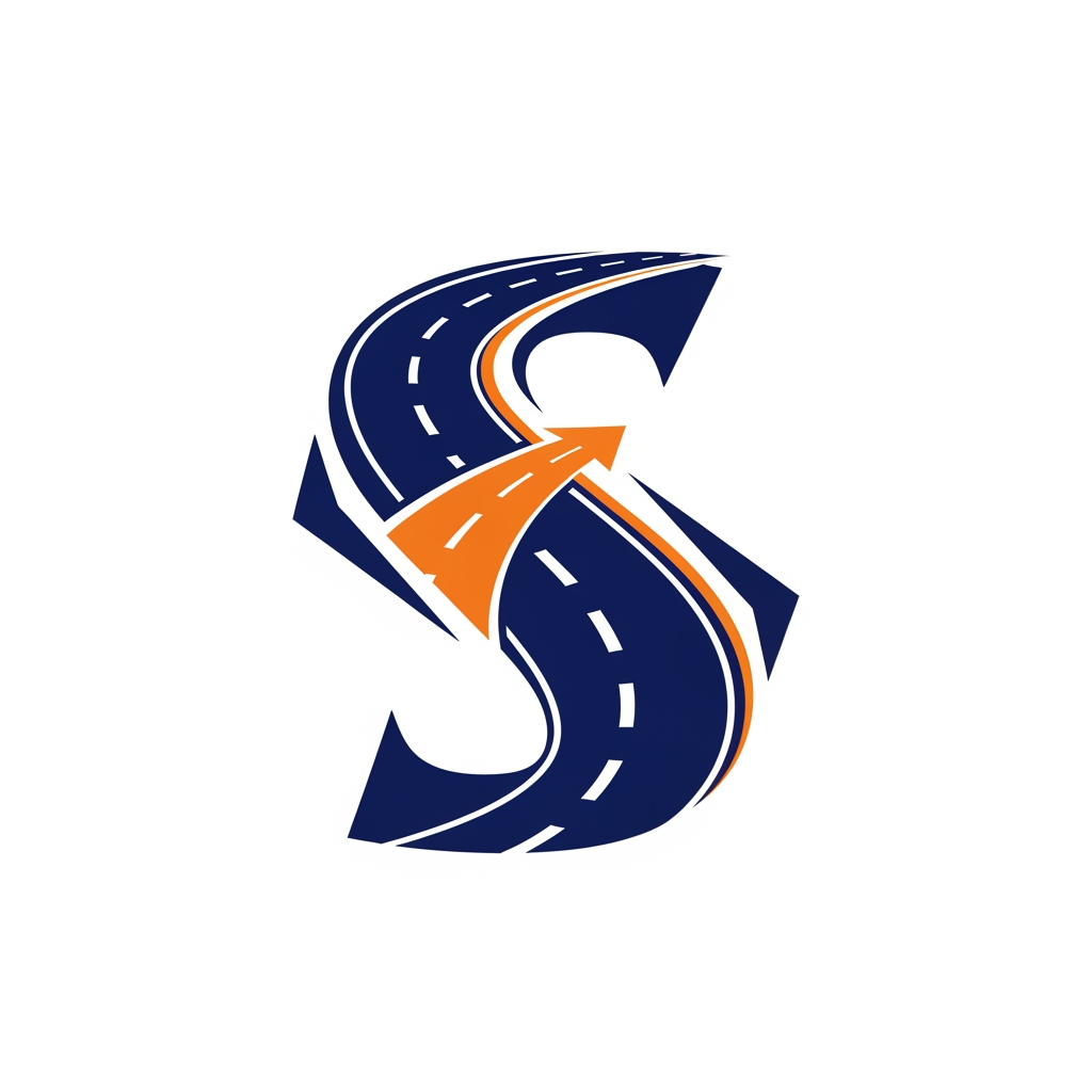 AI Design for Design a luxury corporate favicon using only the letter "S".
The S should be formed using:
* A curved highway road
* Forward arrow
* Modern geometric shapes
Appearance:
Elegant, premium, trustworthy, powerful, similar quality to Tata Group, DHL, FedEx, and Maersk branding.
Flat SVG vector style, navy blue primary color with orange accent, no gradients, no shadows, suitable for favicon, app icon, trucks, uniforms, and digital branding.