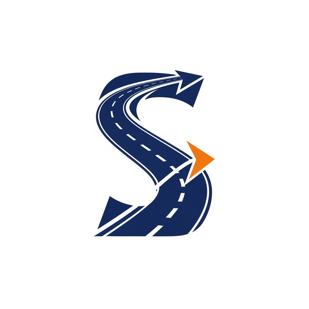 AI Design for Design a luxury corporate favicon using only the letter "S".
The S should be formed using:
* A curved highway road
* Forward arrow
* Modern geometric shapes
Appearance:
Elegant, premium, trustworthy, powerful, similar quality to Tata Group, DHL, FedEx, and Maersk branding.
Flat SVG vector style, navy blue primary color with orange accent, no gradients, no shadows, suitable for favicon, app icon, trucks, uniforms, and digital branding.