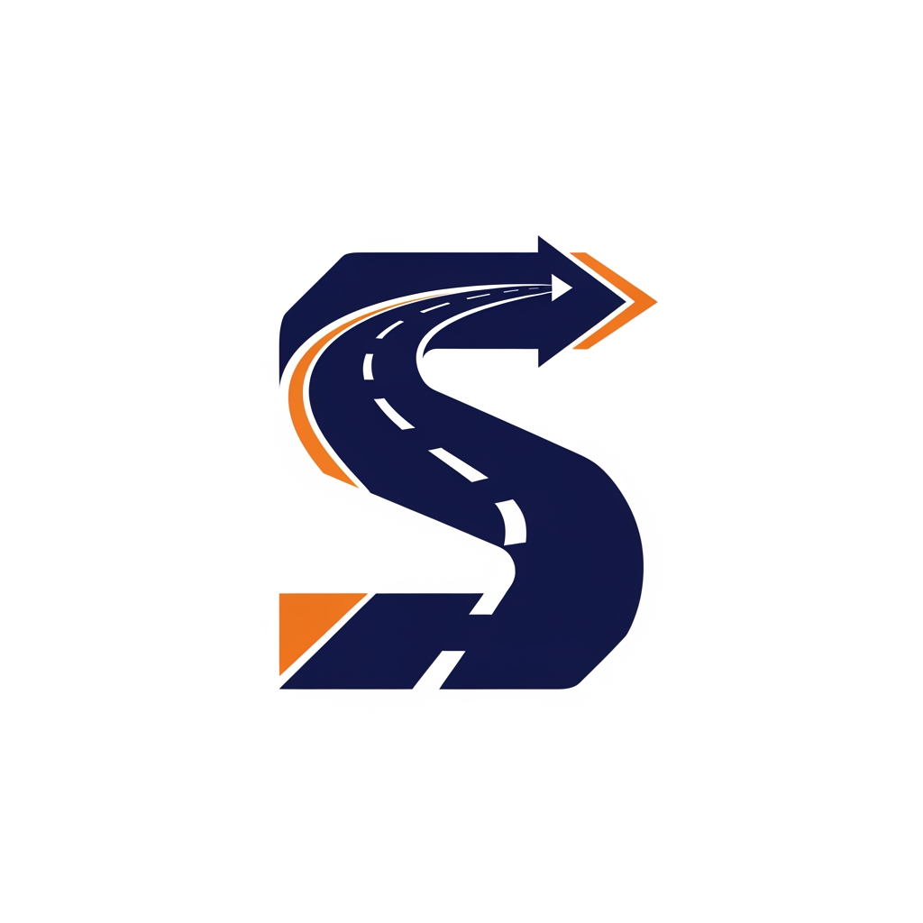 AI Design for Design a luxury corporate favicon using only the letter "S".
The S should be formed using:
* A curved highway road
* Forward arrow
* Modern geometric shapes
Appearance:
Elegant, premium, trustworthy, powerful, similar quality to Tata Group, DHL, FedEx, and Maersk branding.
Flat SVG vector style, navy blue primary color with orange accent, no gradients, no shadows, suitable for favicon, app icon, trucks, uniforms, and digital branding.