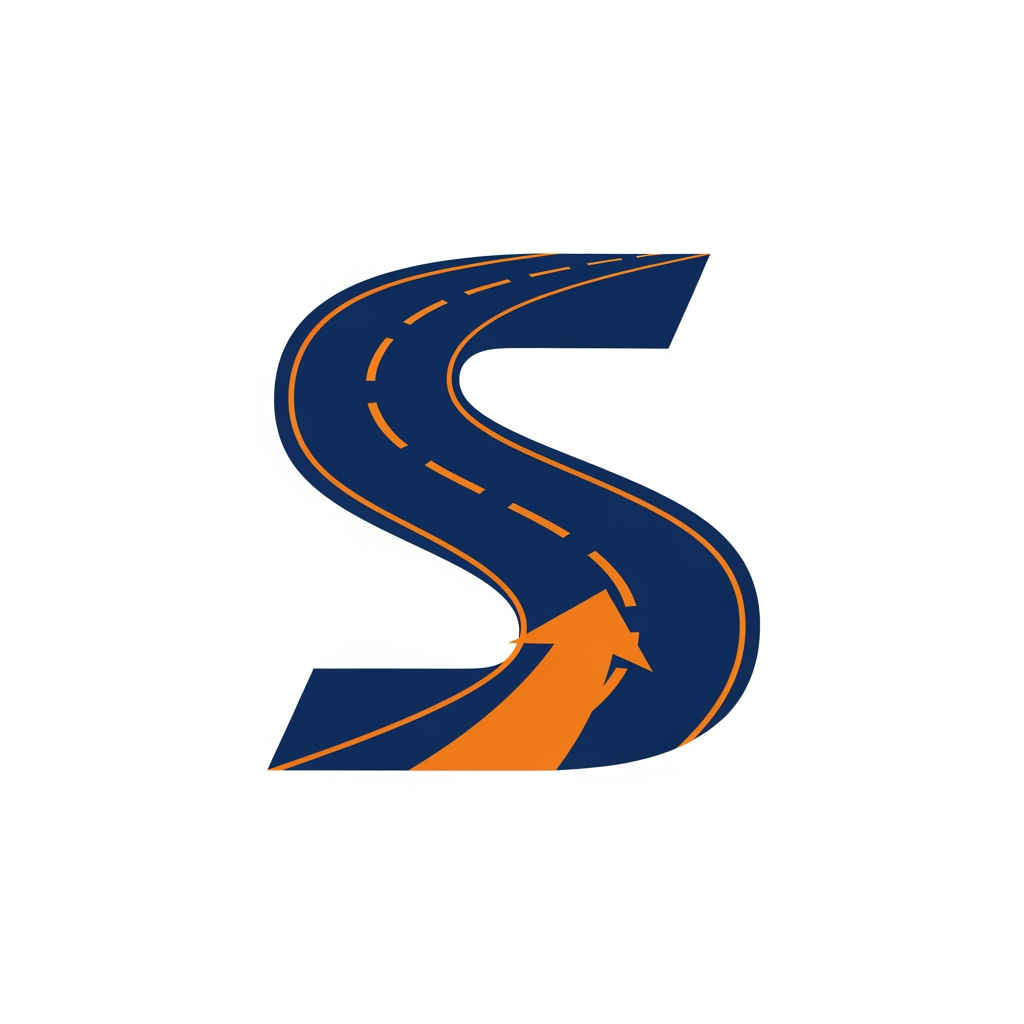 AI Design for Design a luxury corporate favicon using only the letter "S".
The S should be formed using:
* A curved highway road
* Forward arrow
* Modern geometric shapes
Appearance:
Elegant, premium, trustworthy, powerful, similar quality to Tata Group, DHL, FedEx, and Maersk branding.
Flat SVG vector style, navy blue primary color with orange accent, no gradients, no shadows, suitable for favicon, app icon, trucks, uniforms, and digital branding.