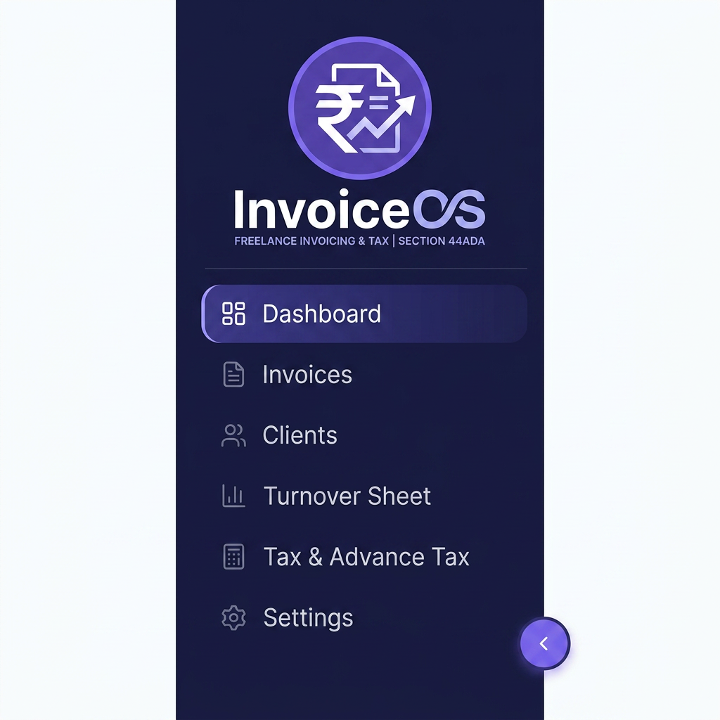 AI Design for create a logo for my web application, app name is "InvoiceOS", it is for
Freelance invoicing and tax management for Indian professionals. Built for Section 44ADA (presumptive taxation) with multi-currency support, advance tax tracking, and Excel invoice export. Logo should be in SVG format, current application therem include white and purple colors