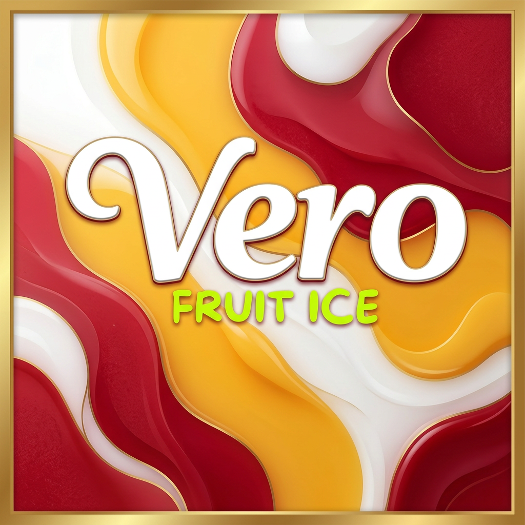 AI Design for Keeping all the texts over the image as it is, change the background of the image based on your creativity, utilizing the following description of our brand: Vero Fruit Ice. Our products are a premium quality fruit-based frozen desserts named sorbet/fruit ice/Italian ice, etc. Try to give a premium and rich look to the background by removing all the sky and beaches and everything from the background giving it a plain yet stylish vibrant and unique colours like white, yellow, red background design and shapes which is truly eye catching and novel and very very attractive and new for the customers of all ages be it children or older people. But please don't include any kind of fruits in it since that kind of logo we already have. No! it looks like an architecture, this is a sorbet brand. Use your common sense and intelligence and provide something new, elegant, simple and special refer to famous confectionary brands like Amul: The Taste of India, MARS, HAVMOR ice cream, Hagen Daszz, Baskin Robbins, etc.