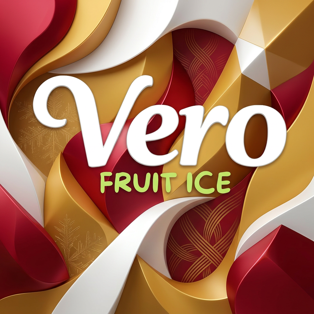 AI Design for Keeping all the texts over the image as it is, change the background of the image based on your creativity, utilizing the following description of our brand: Vero Fruit Ice. Our products are a premium quality fruit-based frozen desserts named sorbet/fruit ice/Italian ice, etc. Try to give a premium and rich look to the background by removing all the sky and beaches and everything from the background giving it a plain yet stylish vibrant and unique colours like white, yellow, red background design and shapes which is truly eye catching and novel and very very attractive and new for the customers of all ages be it children or older people. But please don't include any kind of fruits in it since that kind of logo we already have.