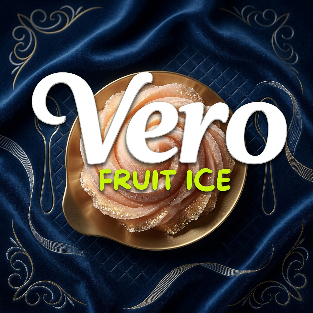 AI Design for Keeping all the texts over the image as it is, change the background of the image based on your creativity, utilizing the following description of our brand: Vero Fruit Ice. Our products are a premium quality fruit-based frozen desserts named sorbet/fruit ice/Italian ice, etc. Try to give a premium and rich look to the background by removing all the sky and beaches But please don't include any kind of fruits in it since that kind of logo we already have. No! it looks like an architecture, this is a sorbet brand. Use your common sense and intelligence and provide something new, elegant, simple and special refer to famous confectionary brands like Amul: The Taste of India, MARS, HAVMOR ice cream, Hagen Daszz, Baskin Robbins, etc. Don't just restric yourself to white, red, yellow colours, it was just an example, use your own creativity and provide something unique