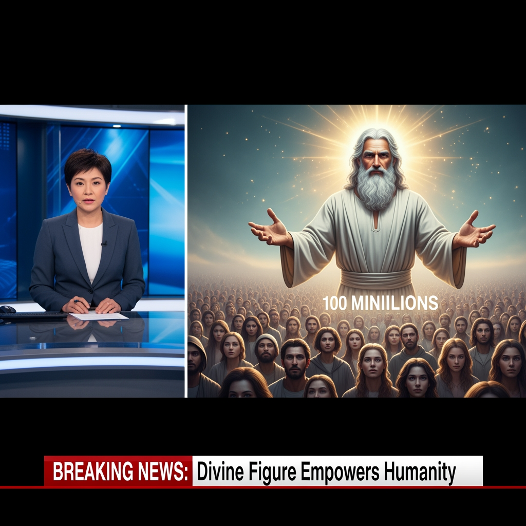 AI Design for maak een afbeelding zo een breaking news bericht waar iemand het journaal zit te vertellen met daarnaast mij en ik ben en god en 100000000 mensen kijken naar mij en ik geef hun macht