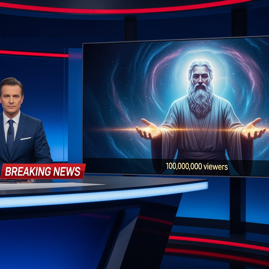 AI Design for maak een afbeelding zo een breaking news bericht waar iemand het journaal zit te vertellen met daarnaast mij en ik ben en god en 100000000 mensen kijken naar mij en ik geef hun macht