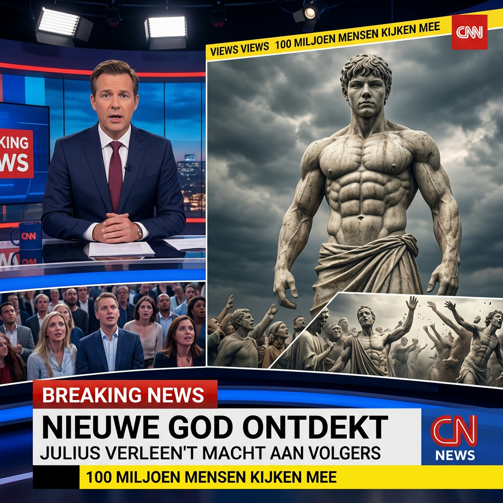 AI Design for maak een afbeelding zo een breaking news bericht waar iemand het journaal zit te vertellen met daarnaast mij en ik ben en god en 100000000 mensen kijken naar mij en ik geef hun macht dit bne ik maar nu ben ik een opgegraven beeld ik ben heel gespier en heb alleen een kleed rond mijn heuo hangen iedereen moet mijn 100 pack zien zeg ook dat de god julius noemt zorg dat is een 1000000abs heb
