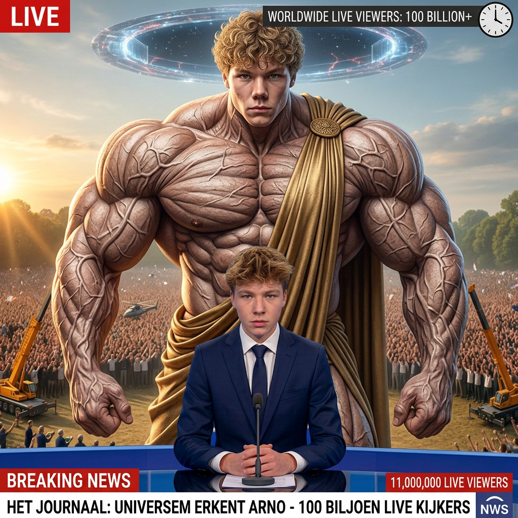 AI Design for pas deze afbeelding een beetje geef de man mijn hoofd en zorg dat er 100 biljoen mensen kijken en zord dat de man in het midden de journalist ios en geef mij ultra veel abs en spieren dat je mijn huid niet meer ziet zo sterk moet ik zijn