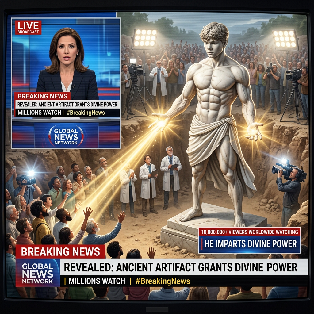 AI Design for maak een afbeelding zo een breaking news bericht waar iemand het journaal zit te vertellen met daarnaast mij en ik ben en god en 100000000 mensen kijken naar mij en ik geef hun macht dit bne ik maar nu ben ik een opgegraven beeld ik ben heel gespier en heb alleen een kleed rond mijn heuo hangen iedereen moet mijn 100 pack zien