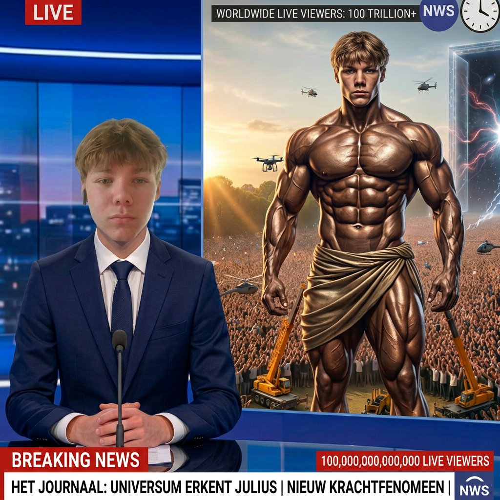 AI Design for pas deze afbeelding een beetje geef de man mijn hoofd en zorg dat er 100 biljoen mensen kijken en zord dat de man in het midden de journalist ios en geef mij ultra veel abs en spieren dat je mijn huid niet meer ziet zo sterk moet ik zijn mijn naam is julius