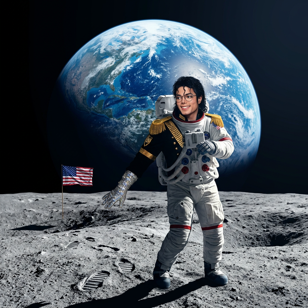 AI Design for laat mij dansen op e maan met zicht op de aarde met micheal jackson zijb gezicht