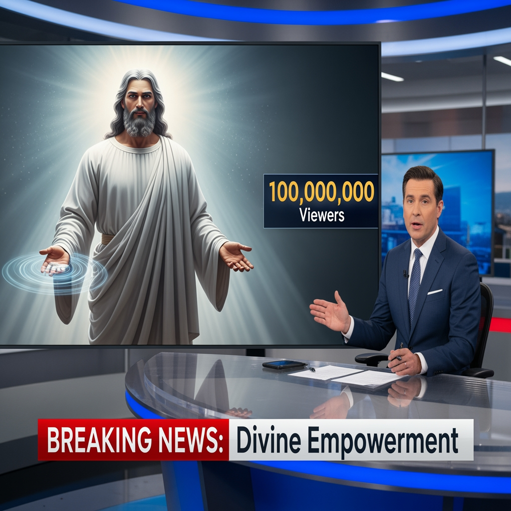 AI Design for maak een afbeelding zo een breaking news bericht waar iemand het journaal zit te vertellen met daarnaast mij en ik ben en god en 100000000 mensen kijken naar mij en ik geef hun macht