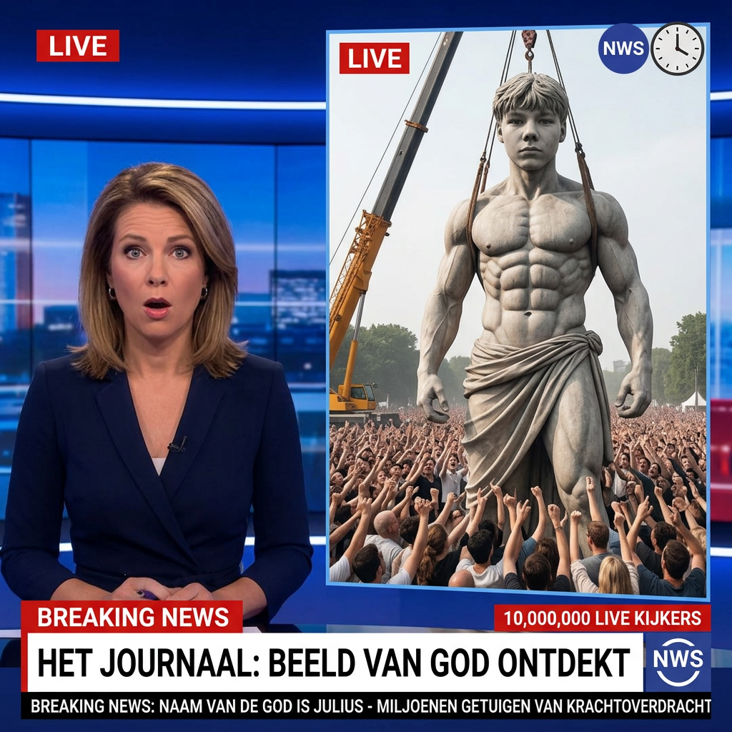 AI Design for maak een afbeelding zo een breaking news bericht waar iemand het journaal zit te vertellen met daarnaast mij en ik ben en god en 100000000 mensen kijken naar mij en ik geef hun macht dit bne ik maar nu ben ik een opgegraven beeld ik ben heel gespier en heb alleen een kleed rond mijn heuo hangen iedereen moet mijn 100 pack zien zeg ook dat de god julius noemt