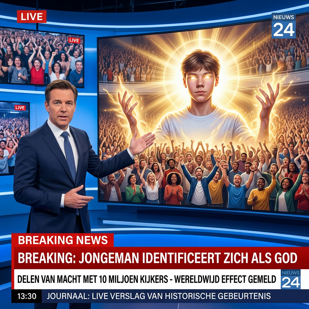 AI Design for maak een afbeelding zo een breaking news bericht waar iemand het journaal zit te vertellen met daarnaast mij en ik ben en god en 100000000 mensen kijken naar mij en ik geef hun macht dit bne ik