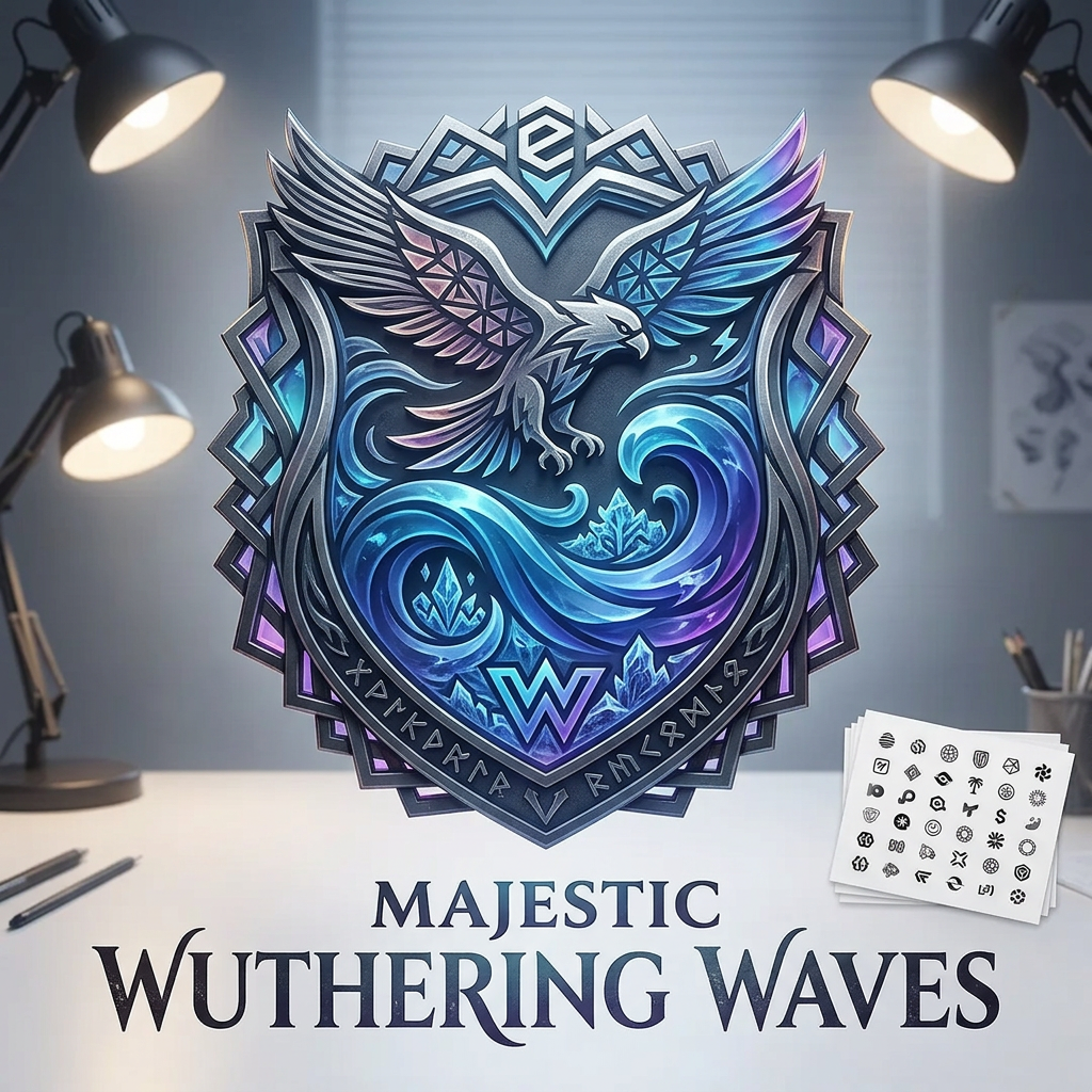AI Design for mix and match and do all you can ad by using all the logos , create a custom logo thats super cool, fitting for majestic wuthering waves