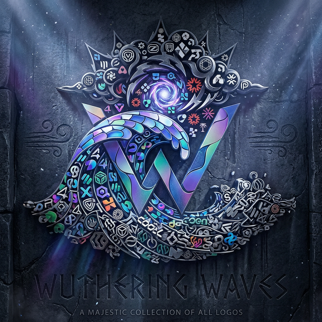 AI Design for mix and match and do all you can ad by using all the logos , create a custom logo thats super cool, fitting for majestic wuthering waves