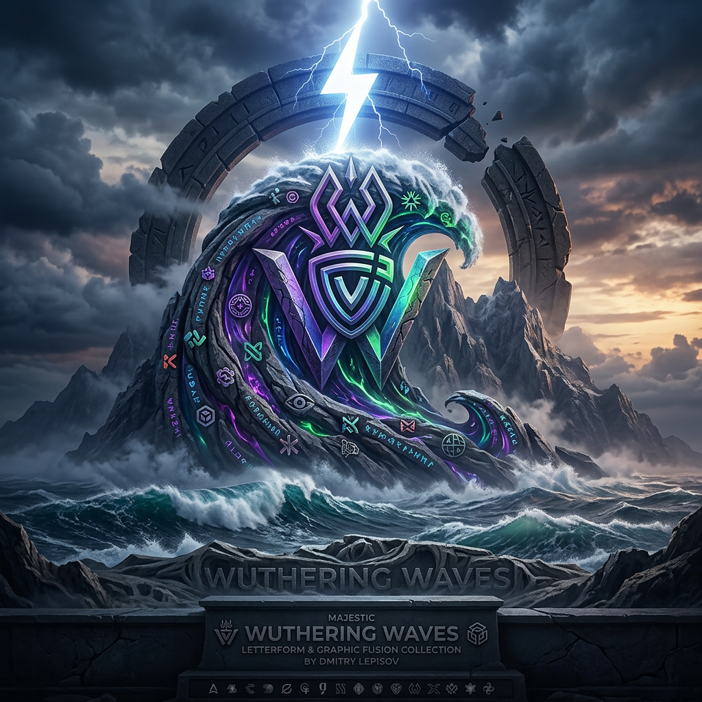 AI Design for mix and match and do all you can ad by using all the logos , create a custom logo thats super cool, fitting for majestic wuthering waves
