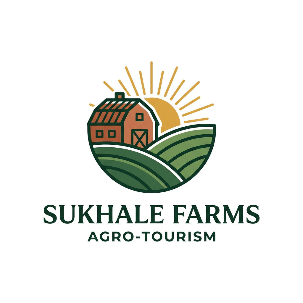 AI Design for A professional, minimalist logo for Sukhale Farms, focusing on agro-tourism. The design should feature an elegant, stylized emblem combining elements of a rustic farmhouse, rolling green hills, and a sun-drenched landscape, rendered in an earthy color palette of deep forest green, warm terracotta, and golden yellow. Clean typography with a modern serif font, high-end vector aesthetic, white background, balanced composition.