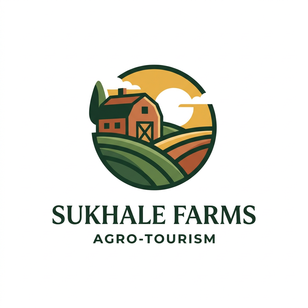 AI Design for A professional, minimalist logo for Sukhale Farms, focusing on agro-tourism. The design should feature an elegant, stylized emblem combining elements of a rustic farmhouse, rolling green hills, and a sun-drenched landscape, rendered in an earthy color palette of deep forest green, warm terracotta, and golden yellow. Clean typography with a modern serif font, high-end vector aesthetic, white background, balanced composition.