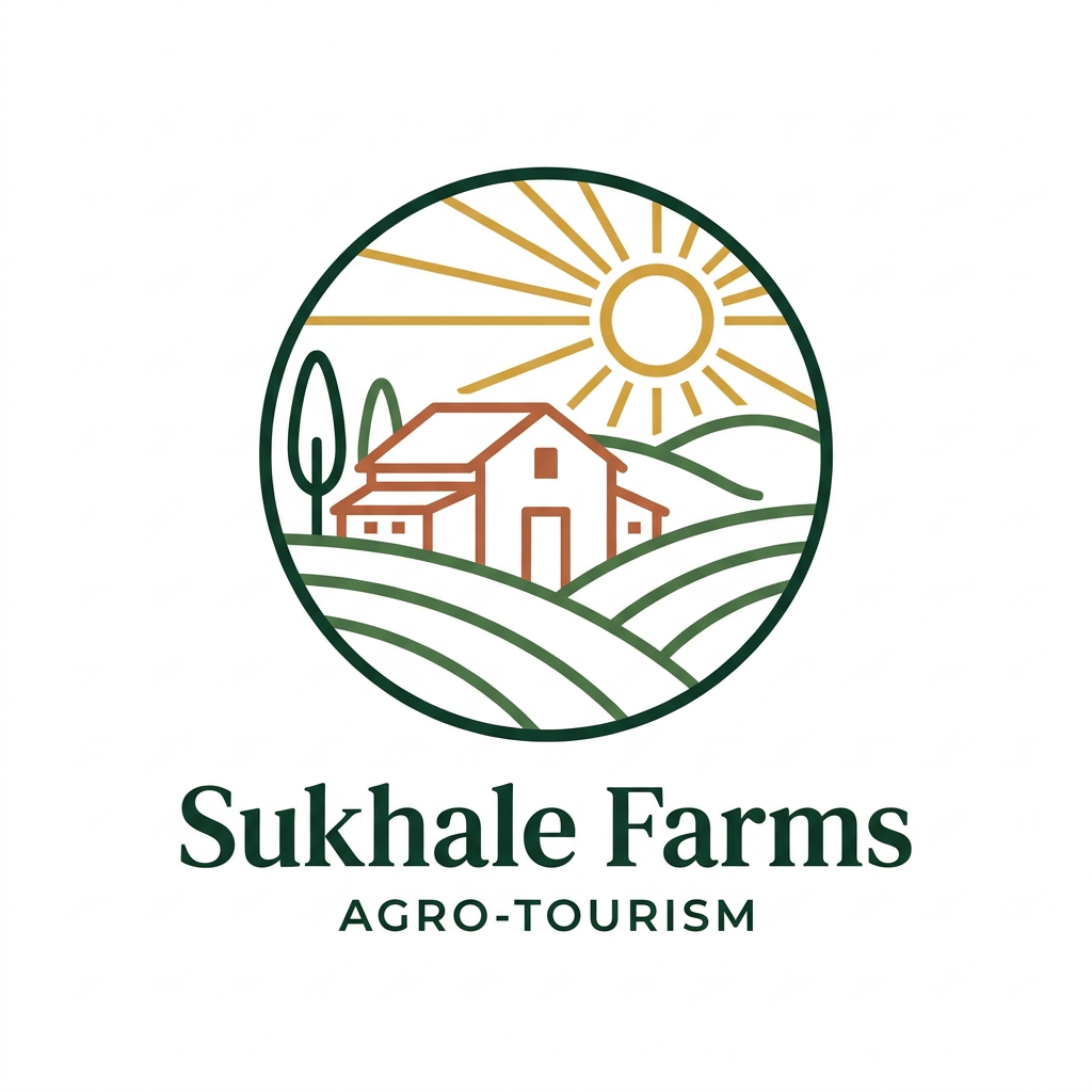 AI Design for A professional, minimalist logo for Sukhale Farms, focusing on agro-tourism. The design should feature an elegant, stylized emblem combining elements of a rustic farmhouse, rolling green hills, and a sun-drenched landscape, rendered in an earthy color palette of deep forest green, warm terracotta, and golden yellow. Clean typography with a modern serif font, high-end vector aesthetic, white background, balanced composition.