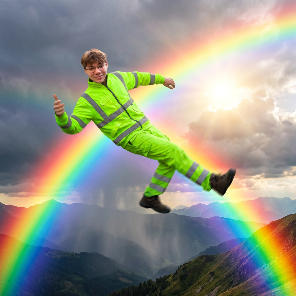 AI Design for maak een foto waar hij in een rare houding over een regenboog loopt met een fluo pakje aan