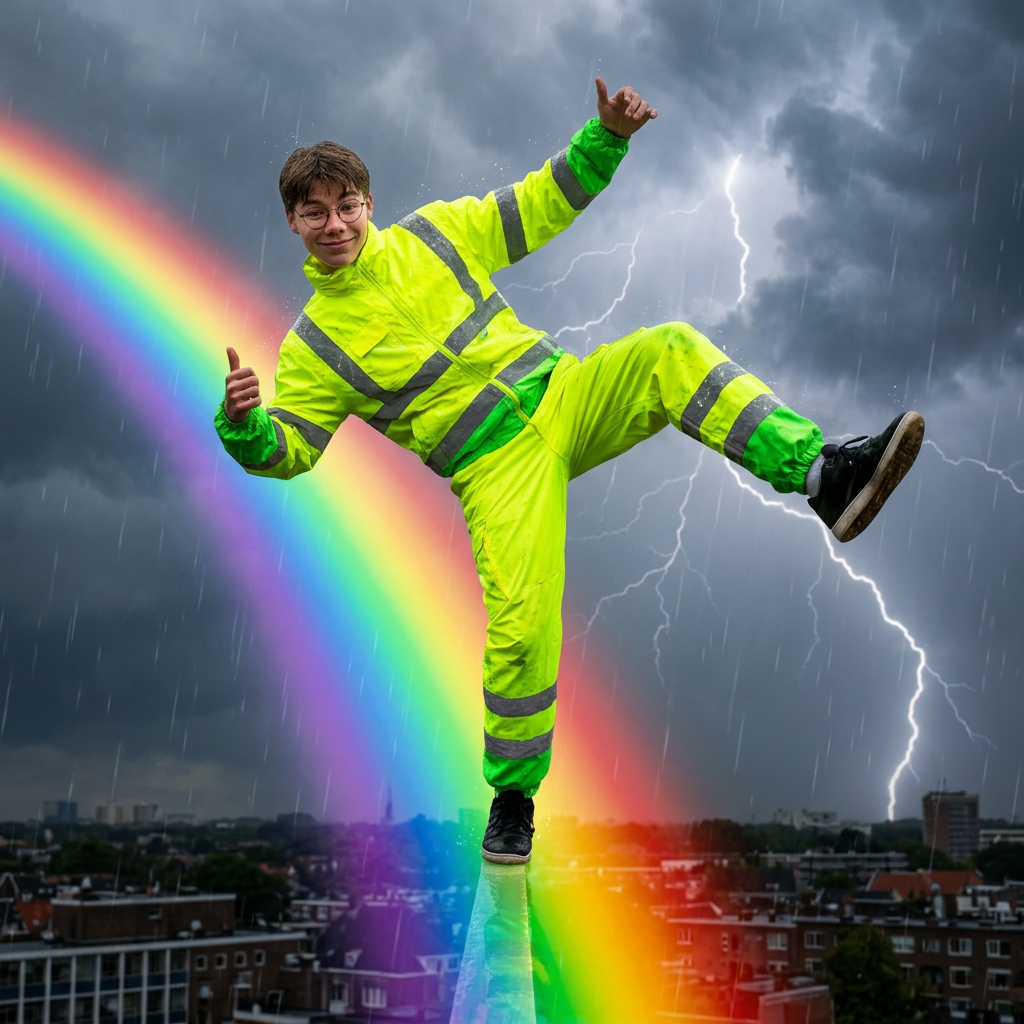 AI Design for maak een foto waar hij in een rare houding over een regenboog loopt met een fluo pakje aan