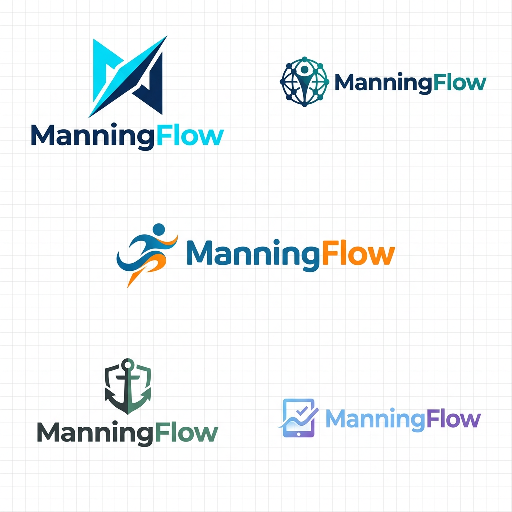 AI Design for Design a professional logo for a company named **ManningFlow**, an end-to-end crew management platform designed for the maritime industry and seafarers.
Please create **at least 5 distinct logo variations**, each with a unique visual direction and color palette. The designs should be suitable for use in modern web applications, SaaS platforms, mobile interfaces, and corporate branding materials.
### Design Requirements
* Use a **wordmark-first approach**, with "ManningFlow" as the primary visual element.
* Incorporate a simple, meaningful symbol or icon that communicates the platform's purpose, such as:
* Crew and workforce management
* Maritime operations
* Global connectivity
* Workflow automation
* Personnel movement and deployment
* Fleet and seafarer management
* Keep the designs **minimal, modern, professional, and scalable**.
* Avoid overly complex illustrations, gradients, or decorative elements.
* Ensure the logo feels trustworthy, enterprise-grade, and suitable for a maritime technology company.
* The symbol should be able to stand alone as a recognizable app icon or favicon if needed.
* The overall identity should clearly reflect efficiency, reliability, movement, coordination, and maritime workforce management.
### Creative Direction
* Explore different visual concepts and color strategies across the variations.
* Colors should reinforce the product's positioning and may draw inspiration from:
* Maritime and ocean themes
* Technology and digital transformation
* Trust, reliability, and compliance
* Global logistics and connectivity
* The final designs should feel original and distinctive, with no resemblance to existing trademarks or copyrighted logos.
### Deliverables
For each logo variation, provide:
1. The logo design.
2. A short design rationale explaining:
* The symbolism behind the icon.
* The reasoning behind the typography choice.
* The meaning of the selected color palette.
* How the design reflects ManningFlow's role as a maritime crew management platform.
3. Metadata summarizing:
* Design style
* Brand personality
* Color psychology
* Intended use cases
* Scalability considerations
Research common best practices used in successful SaaS, HR-tech, logistics-tech, and maritime technology branding to inform the designs, while ensuring that every concept is an original creation and free from copyright or trademark conflicts.
The "Navigational Path"
Symbol: A stylized, geometric "M" formed by two intersecting lines that mimic a compass needle or a shipping route path.
Typography: Clean, geometric sans-serif (think Montserrat or similar).
Palette: Deep Navy and Electric Cyan (trust meets tech).
Rationale: Focuses on the "Flow" aspect—guiding crew from port to port.