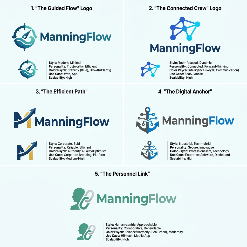 AI Design for Design a professional logo for a company named **ManningFlow**, an end-to-end crew management platform designed for the maritime industry and seafarers.
Please create **at least 5 distinct logo variations**, each with a unique visual direction and color palette. The designs should be suitable for use in modern web applications, SaaS platforms, mobile interfaces, and corporate branding materials.
### Design Requirements
* Use a **wordmark-first approach**, with "ManningFlow" as the primary visual element.
* Incorporate a simple, meaningful symbol or icon that communicates the platform's purpose, such as:
* Crew and workforce management
* Maritime operations
* Global connectivity
* Workflow automation
* Personnel movement and deployment
* Fleet and seafarer management
* Keep the designs **minimal, modern, professional, and scalable**.
* Avoid overly complex illustrations, gradients, or decorative elements.
* Ensure the logo feels trustworthy, enterprise-grade, and suitable for a maritime technology company.
* The symbol should be able to stand alone as a recognizable app icon or favicon if needed.
* The overall identity should clearly reflect efficiency, reliability, movement, coordination, and maritime workforce management.
### Creative Direction
* Explore different visual concepts and color strategies across the variations.
* Colors should reinforce the product's positioning and may draw inspiration from:
* Maritime and ocean themes
* Technology and digital transformation
* Trust, reliability, and compliance
* Global logistics and connectivity
* The final designs should feel original and distinctive, with no resemblance to existing trademarks or copyrighted logos.
### Deliverables
For each logo variation, provide:
1. The logo design.
2. A short design rationale explaining:
* The symbolism behind the icon.
* The reasoning behind the typography choice.
* The meaning of the selected color palette.
* How the design reflects ManningFlow's role as a maritime crew management platform.
3. Metadata summarizing:
* Design style
* Brand personality
* Color psychology
* Intended use cases
* Scalability considerations
Research common best practices used in successful SaaS, HR-tech, logistics-tech, and maritime technology branding to inform the designs, while ensuring that every concept is an original creation and free from copyright or trademark conflicts.