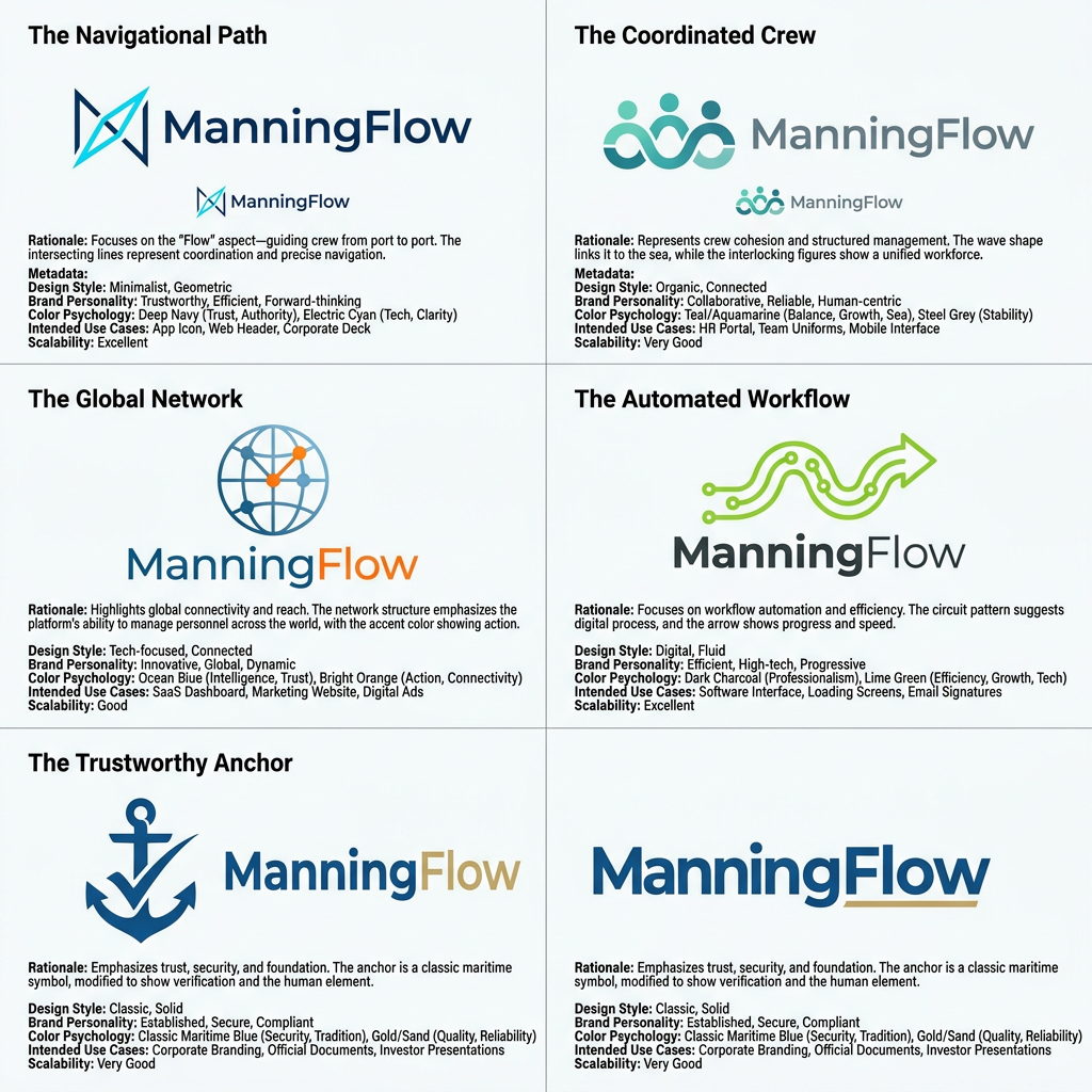 AI Design for Design a professional logo for a company named **ManningFlow**, an end-to-end crew management platform designed for the maritime industry and seafarers.
Please create **at least 5 distinct logo variations**, each with a unique visual direction and color palette. The designs should be suitable for use in modern web applications, SaaS platforms, mobile interfaces, and corporate branding materials.
### Design Requirements
* Use a **wordmark-first approach**, with "ManningFlow" as the primary visual element.
* Incorporate a simple, meaningful symbol or icon that communicates the platform's purpose, such as:
* Crew and workforce management
* Maritime operations
* Global connectivity
* Workflow automation
* Personnel movement and deployment
* Fleet and seafarer management
* Keep the designs **minimal, modern, professional, and scalable**.
* Avoid overly complex illustrations, gradients, or decorative elements.
* Ensure the logo feels trustworthy, enterprise-grade, and suitable for a maritime technology company.
* The symbol should be able to stand alone as a recognizable app icon or favicon if needed.
* The overall identity should clearly reflect efficiency, reliability, movement, coordination, and maritime workforce management.
### Creative Direction
* Explore different visual concepts and color strategies across the variations.
* Colors should reinforce the product's positioning and may draw inspiration from:
* Maritime and ocean themes
* Technology and digital transformation
* Trust, reliability, and compliance
* Global logistics and connectivity
* The final designs should feel original and distinctive, with no resemblance to existing trademarks or copyrighted logos.
### Deliverables
For each logo variation, provide:
1. The logo design.
2. A short design rationale explaining:
* The symbolism behind the icon.
* The reasoning behind the typography choice.
* The meaning of the selected color palette.
* How the design reflects ManningFlow's role as a maritime crew management platform.
3. Metadata summarizing:
* Design style
* Brand personality
* Color psychology
* Intended use cases
* Scalability considerations
Research common best practices used in successful SaaS, HR-tech, logistics-tech, and maritime technology branding to inform the designs, while ensuring that every concept is an original creation and free from copyright or trademark conflicts.
The "Navigational Path"
Symbol: A stylized, geometric "M" formed by two intersecting lines that mimic a compass needle or a shipping route path.
Typography: Clean, geometric sans-serif (think Montserrat or similar).
Palette: Deep Navy and Electric Cyan (trust meets tech).
Rationale: Focuses on the "Flow" aspect—guiding crew from port to port.