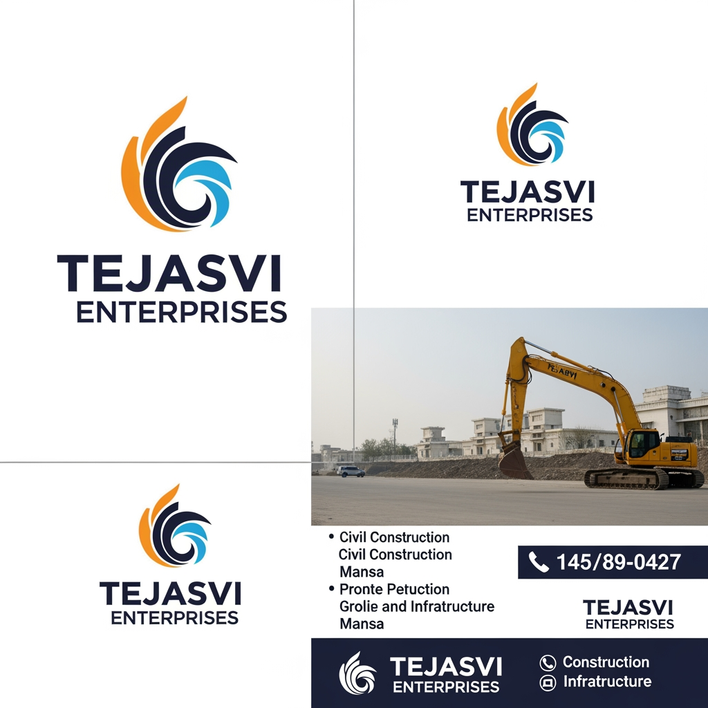 AI Design for Create a complete brand identity system for TEJASVI ENTERPRISES, a GST-verified civil construction and infrastructure company based in Mansa, Punjab, India, established 2017. Proprietor: Sharuti Gupta. Specializations: civil construction, Airtel telecom tower erection, underground cable laying, Think Gas city gas pipeline distribution, industrial and commercial buildings.
Brand Personality: Strong. Rooted. Ambitious. Trustworthy. A company that shows up at dawn and delivers. Not flashy — dependable. Like Punjab itself — hardworking, warm, and proud.
Brand Voice: Direct, confident, warm. Speaks in facts not fluff. 'We built Airtel's towers across Punjab. We are laying Think Gas pipelines in Ludhiana today.' No corporate jargon.
Primary Logo: Triangle icon built from three structural steel beams (orange left, yellow right, brown base) with hidden T monogram in negative space. Wordmark TEJASVI ENTERPRISES below. Tagline: Building Infrastructure. Building Trust.
Logo Variations needed:
— Primary: icon + horizontal wordmark (for website header)
— Stacked: icon above wordmark (for square formats, app icon)
— Monogram only: the T-triangle mark alone (for hard hats, stamps, vehicle stickers)
— Reversed: all white version for dark backgrounds (site boards, uniforms)
— Favicon: simplified T-triangle at 32×32px
Color Palette:
— Primary Orange #E8620A — energy, ambition, construction
— Golden Yellow #F5C518 — prosperity, Punjab harvest, sunlight
— Rich Brown #6B3F1A — earth, foundation, roots in Mansa
— Charcoal #1A1A1A — strength, professionalism, structure
— Warm White #FFFDF9 — clean, honest, trustworthy
— Cream #FDF6EC — warmth, approachability, Punjab warmth
Typography:
— Display/Headings: Playfair Display Bold 900 (authoritative, established)
— Body/UI: Inter Regular 400 + Semi-Bold 600 (modern, readable)
— Label/Tags: Inter uppercase tracked 700 (industrial feel)
Stationery design (all using above logo + colors):
— A4 Letterhead: logo top-left, orange top border line 4px, company details footer, GST 03AMKPG6565E1Z6, address Mansa Punjab
— Business Card (85×55mm): front — logo large center, name + role bottom; back — orange solid background, white T-triangle monogram large, contact details
— Site Board / Hoarding (8×4 feet): large logo top-center, project name center, 'Ongoing Project' badge, Tejasvi Enterprises contact bottom
— Hard Hat sticker (circular): T-triangle monogram + TEJASVI around the circle arc
— Vehicle decal: horizontal logo white reversed on orange strip for trucks, JCBs, site vehicles
— Quotation/Invoice template: letterhead format, orange header, table with brown accent row
— Email signature: logo 200px wide, name, role, phone, GST, address, orange divider line
— WhatsApp/Social profile picture: T-triangle monogram on charcoal square, orange + yellow icon
— Instagram post template: warm white bg, orange top bar, project image center, logo bottom-right
— Site safety poster: bold orange header, charcoal body, brown footer, T-triangle watermark
Brand Don'ts:
— Never use blue, green, or purple anywhere in brand materials
— Never use thin/light weight fonts — always bold or semi-bold
— Never place logo on busy photo backgrounds without a white/dark overlay
— Never stretch or recolor the triangle icon
— Never use gradients inside the logo mark itself