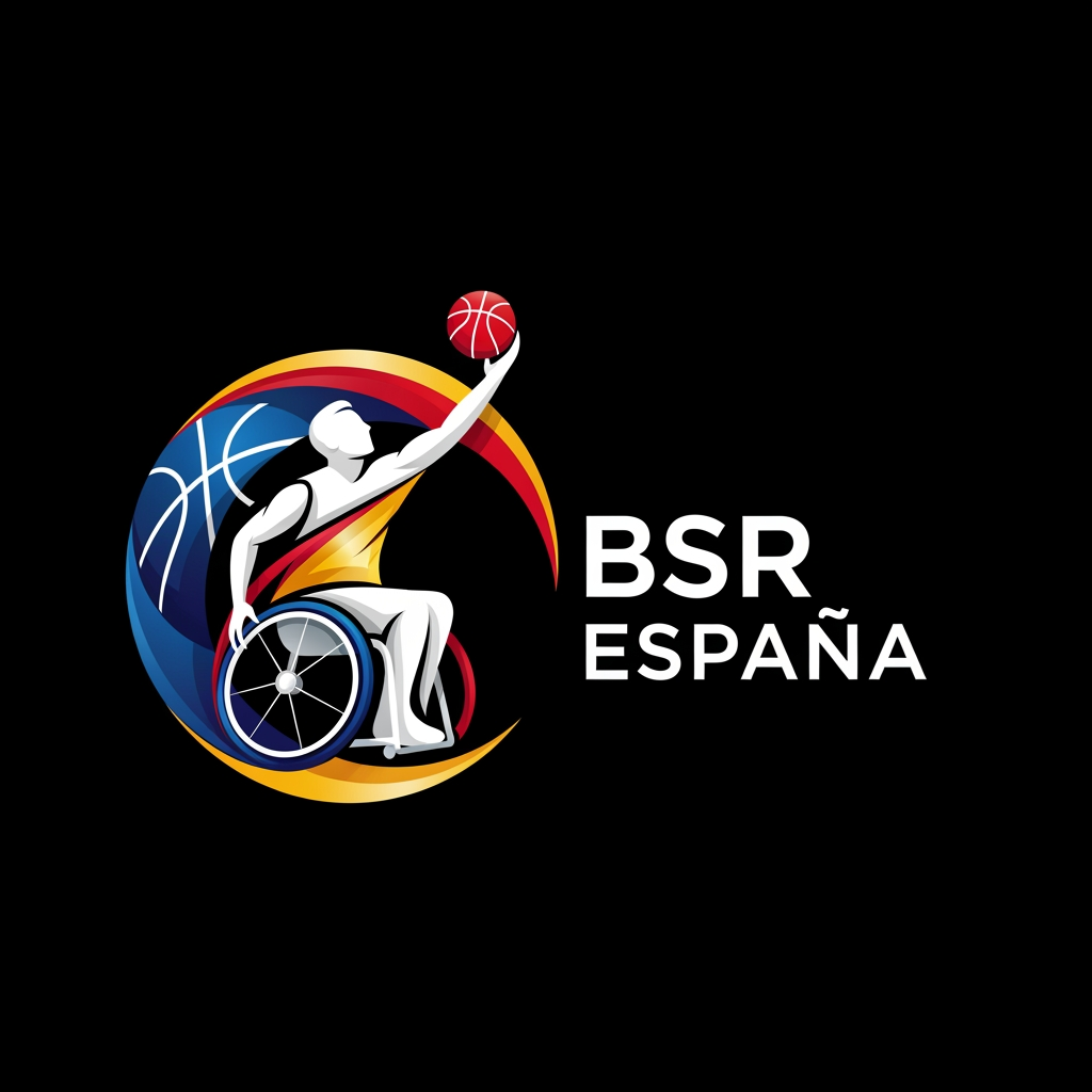 AI Design for Quiero hacer un reestyling de la marca BSR España, es decir del logo de la liga de baloncesto en silla de ruedas español. quiero algo moderno, muy visual, pero con un punto profesional, ya que queremos profesionalizar el deporte y que sea una marca en si mismo. los colores tiene que ser tonos azules, blancos y rojos y amarillos como la bandera españa