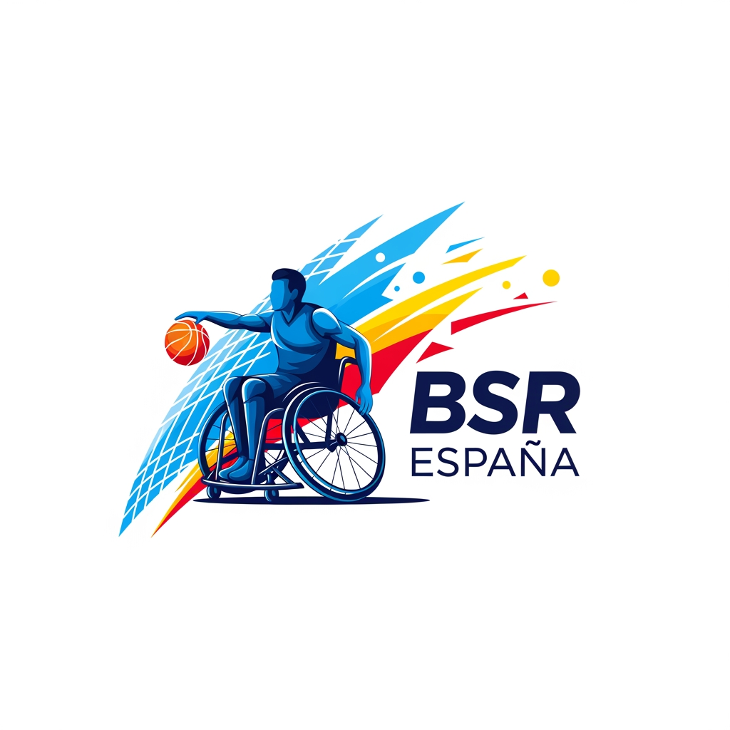 AI Design for Quiero hacer un reestyling de la marca BSR España, es decir del logo de la liga de baloncesto en silla de ruedas español. quiero algo moderno, muy visual, pero con un punto profesional, ya que queremos profesionalizar el deporte y que sea una marca en si mismo. los colores tiene que ser tonos azules, blancos y rojos y amarillos como la bandera españa