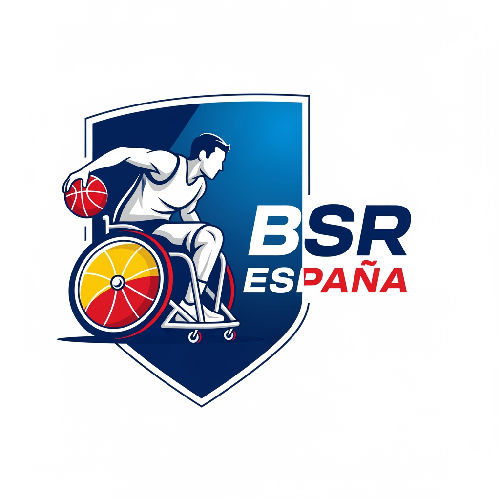 AI Design for Quiero hacer un reestyling de la marca BSR España, es decir del logo de la liga de baloncesto en silla de ruedas español. quiero algo moderno, muy visual, pero con un punto profesional, ya que queremos profesionalizar el deporte y que sea una marca en si mismo. los colores tiene que ser tonos azules, blancos y rojos y amarillos como la bandera españa