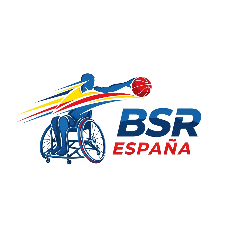 AI Design for Quiero hacer un reestyling de la marca BSR España, es decir del logo de la liga de baloncesto en silla de ruedas español. quiero algo moderno, muy visual, pero con un punto profesional, ya que queremos profesionalizar el deporte y que sea una marca en si mismo. los colores tiene que ser tonos azules, blancos y rojos y amarillos como la bandera españa