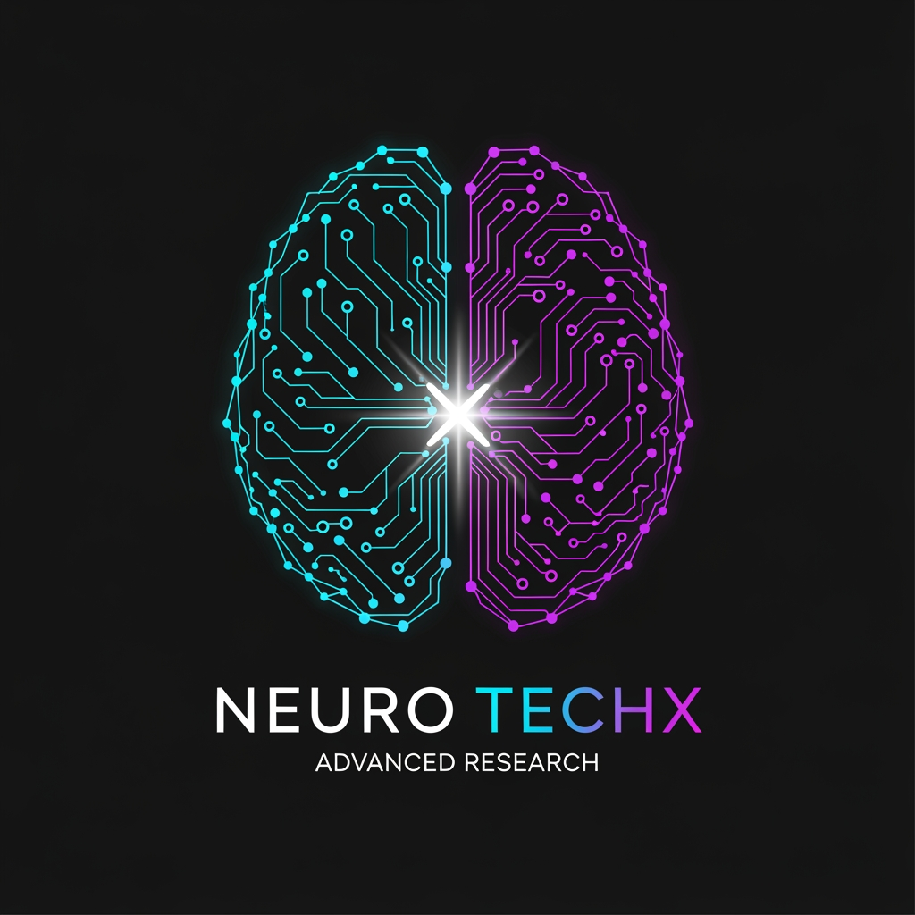 AI Design for Professional logo design for a neuro engineering and brain intelligence research organization called "NEURO TECHX". The icon mark depicts a stylised human brain silhouette constructed entirely from glowing interconnected nodes and ultra-thin signal lines forming a neural network graph. Left hemisphere rendered as sharp geometric circuit-board pathways with right angles and precise nodes; right hemisphere rendered as organic curved synapse arcs with tapered signal lines. At the anatomical centre where both hemispheres meet, a single intensely bright node emits a soft radial glow — at its core, two crossing diagonal signal lines form the letter X, made from light rather than ink. This X-node is the visual anchor of the entire mark. Colour palette: deep matte near-black background (#050A14), nodes and lines in electric cyan (#00C8FF) transitioning to deep violet (#7B2FFF) toward the brain's outer edges, central X-node in pure white with a cyan inner bloom and violet outer haze. All connection lines taper from bright at origin to near-invisible at periphery, suggesting live electrical signal propagation. Below the icon: wordmark "NEURO TECHX" in all-caps geometric sans-serif — "NEURO" in clean white, "TECHX" in cyan-to-violet left-to-right gradient. Beneath that in small, widely-tracked cool grey letters: "ADVANCED RESEARCH". Style: ultra-premium tech brand, cinematic dark theme, photorealistic glow and light physics on a flat vector base, no gradients on background, no decorative borders, no outer glow halos on wordmark. Square canvas 1:1.