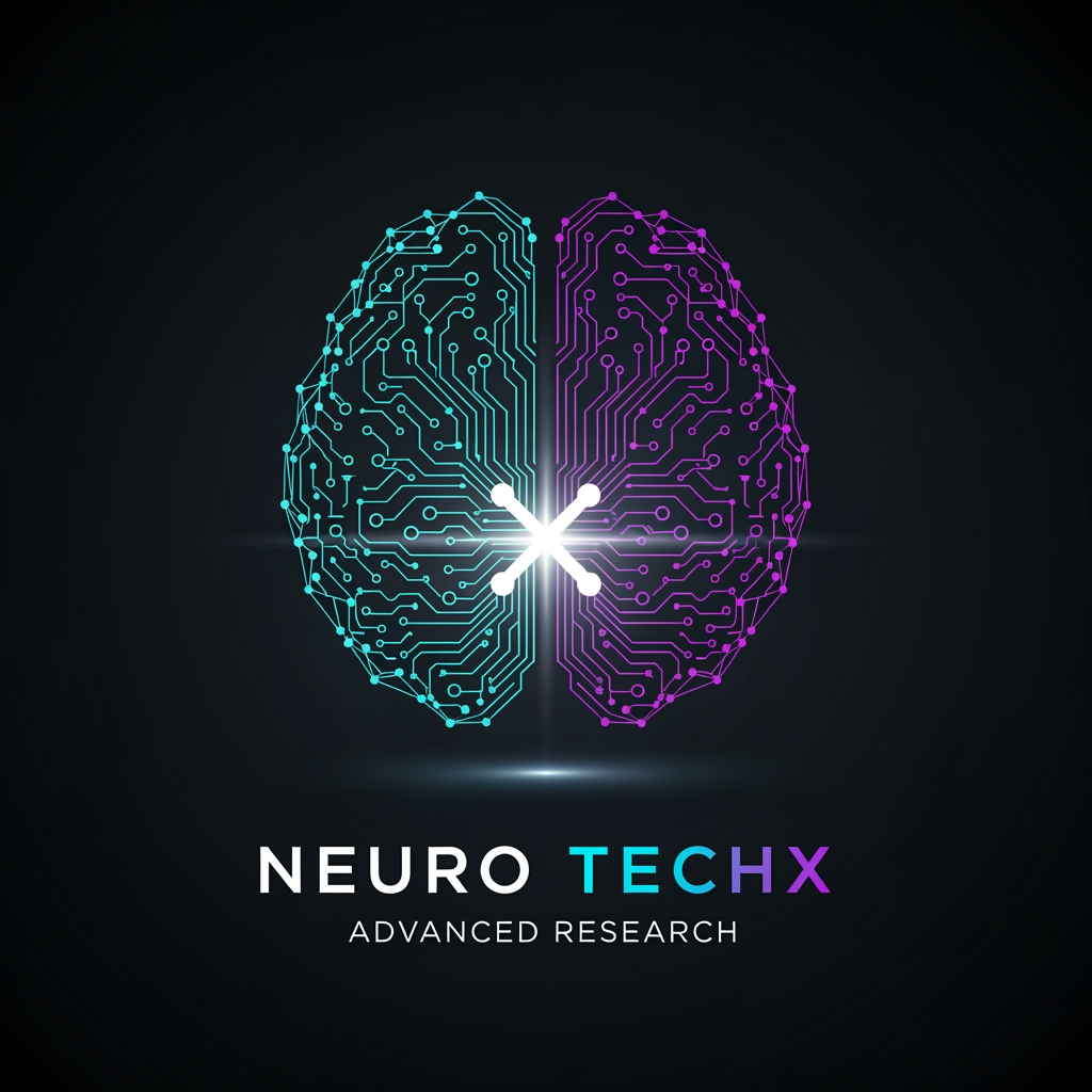 AI Design for Professional logo design for a neuro engineering and brain intelligence research organization called "NEURO TECHX". The icon mark depicts a stylised human brain silhouette constructed entirely from glowing interconnected nodes and ultra-thin signal lines forming a neural network graph. Left hemisphere rendered as sharp geometric circuit-board pathways with right angles and precise nodes; right hemisphere rendered as organic curved synapse arcs with tapered signal lines. At the anatomical centre where both hemispheres meet, a single intensely bright node emits a soft radial glow — at its core, two crossing diagonal signal lines form the letter X, made from light rather than ink. This X-node is the visual anchor of the entire mark. Colour palette: deep matte near-black background (#050A14), nodes and lines in electric cyan (#00C8FF) transitioning to deep violet (#7B2FFF) toward the brain's outer edges, central X-node in pure white with a cyan inner bloom and violet outer haze. All connection lines taper from bright at origin to near-invisible at periphery, suggesting live electrical signal propagation. Below the icon: wordmark "NEURO TECHX" in all-caps geometric sans-serif — "NEURO" in clean white, "TECHX" in cyan-to-violet left-to-right gradient. Beneath that in small, widely-tracked cool grey letters: "ADVANCED RESEARCH". Style: ultra-premium tech brand, cinematic dark theme, photorealistic glow and light physics on a flat vector base, no gradients on background, no decorative borders, no outer glow halos on wordmark. Square canvas 1:1.