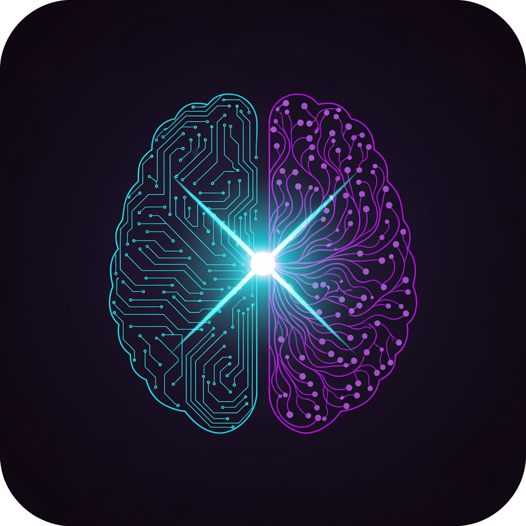 AI Design for Minimal square app icon for a neuro engineering AI company. A human brain silhouette formed from glowing cyan and violet neural network nodes and signal lines on a deep near-black background. Left brain = geometric circuit paths, right brain = organic synapse curves. Dead centre: a bright white node with two crossing diagonal light-lines forming an X shape embedded in pure light — not drawn but implied by the intersection of two signal beams. Soft cyan glow radiates from centre node. Outer brain edges fade to deep violet. No text. Flat vector with realistic glow physics. Perfect square canvas, dark background fills edge to edge.