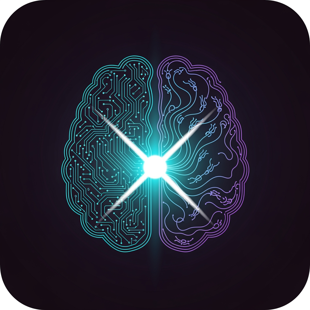 AI Design for Minimal square app icon for a neuro engineering AI company. A human brain silhouette formed from glowing cyan and violet neural network nodes and signal lines on a deep near-black background. Left brain = geometric circuit paths, right brain = organic synapse curves. Dead centre: a bright white node with two crossing diagonal light-lines forming an X shape embedded in pure light — not drawn but implied by the intersection of two signal beams. Soft cyan glow radiates from centre node. Outer brain edges fade to deep violet. No text. Flat vector with realistic glow physics. Perfect square canvas, dark background fills edge to edge.