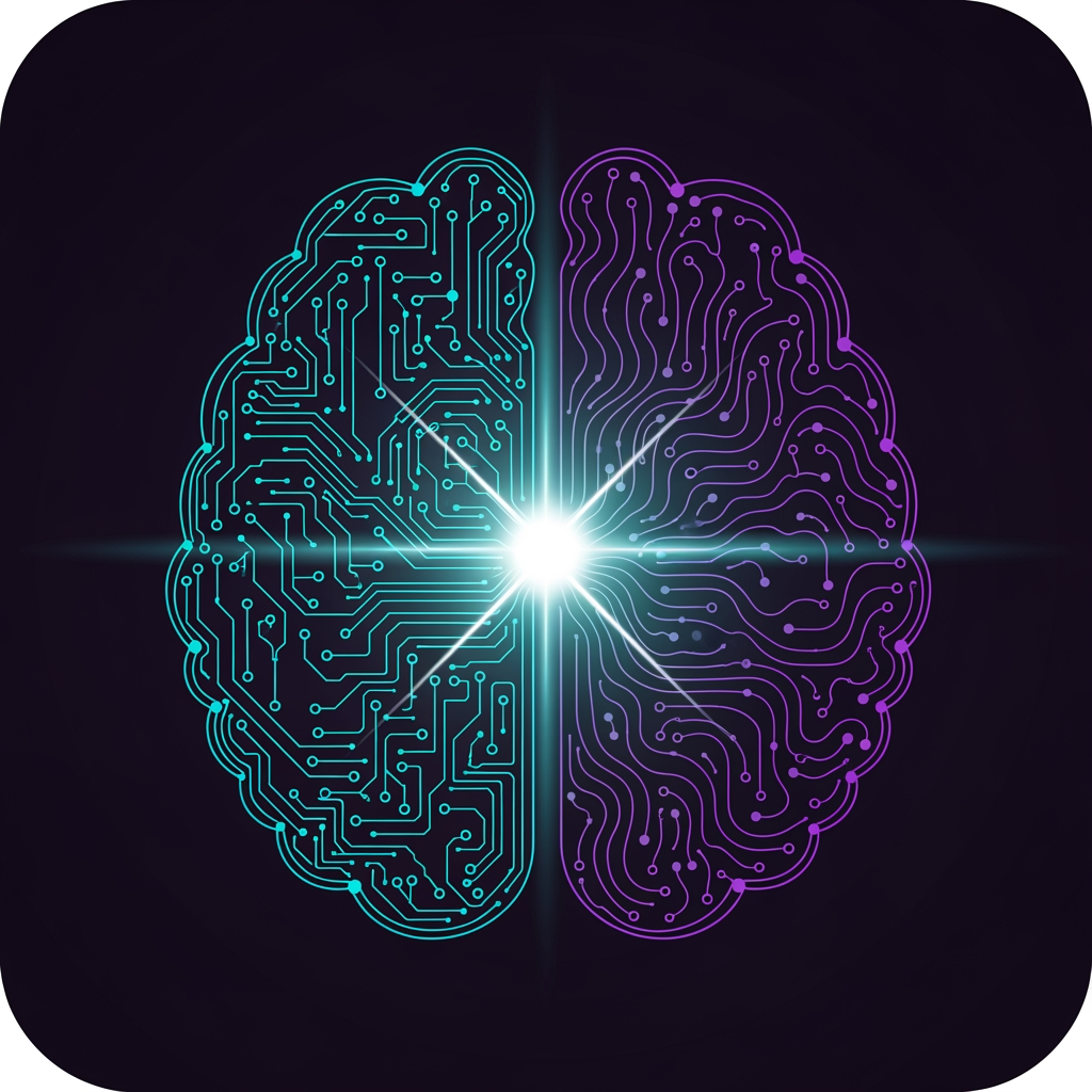 AI Design for Minimal square app icon for a neuro engineering AI company. A human brain silhouette formed from glowing cyan and violet neural network nodes and signal lines on a deep near-black background. Left brain = geometric circuit paths, right brain = organic synapse curves. Dead centre: a bright white node with two crossing diagonal light-lines forming an X shape embedded in pure light — not drawn but implied by the intersection of two signal beams. Soft cyan glow radiates from centre node. Outer brain edges fade to deep violet. No text. Flat vector with realistic glow physics. Perfect square canvas, dark background fills edge to edge.