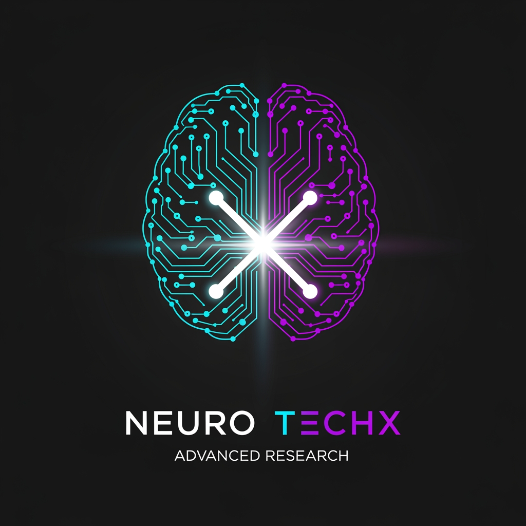 AI Design for Professional logo design for a neuro engineering and brain intelligence research organization called "NEURO TECHX". The icon mark depicts a stylised human brain silhouette constructed entirely from glowing interconnected nodes and ultra-thin signal lines forming a neural network graph. Left hemisphere rendered as sharp geometric circuit-board pathways with right angles and precise nodes; right hemisphere rendered as organic curved synapse arcs with tapered signal lines. At the anatomical centre where both hemispheres meet, a single intensely bright node emits a soft radial glow — at its core, two crossing diagonal signal lines form the letter X, made from light rather than ink. This X-node is the visual anchor of the entire mark. Colour palette: deep matte near-black background (#050A14), nodes and lines in electric cyan (#00C8FF) transitioning to deep violet (#7B2FFF) toward the brain's outer edges, central X-node in pure white with a cyan inner bloom and violet outer haze. All connection lines taper from bright at origin to near-invisible at periphery, suggesting live electrical signal propagation. Below the icon: wordmark "NEURO TECHX" in all-caps geometric sans-serif — "NEURO" in clean white, "TECHX" in cyan-to-violet left-to-right gradient. Beneath that in small, widely-tracked cool grey letters: "ADVANCED RESEARCH". Style: ultra-premium tech brand, cinematic dark theme, photorealistic glow and light physics on a flat vector base, no gradients on background, no decorative borders, no outer glow halos on wordmark. Square canvas 1:1.