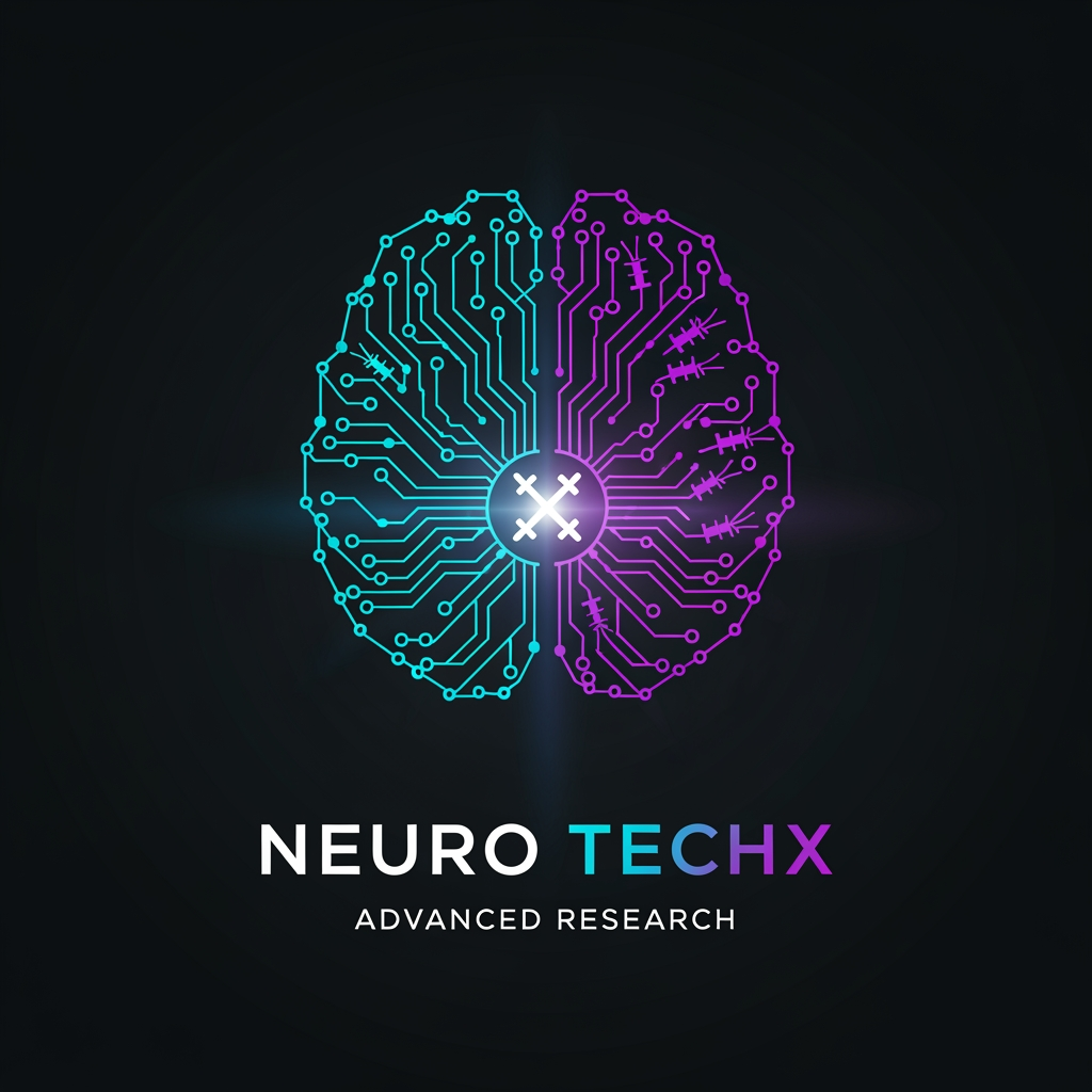 AI Design for Professional logo design for a neuro engineering and brain intelligence research organization called "NEURO TECHX". The icon mark depicts a stylised human brain silhouette constructed entirely from glowing interconnected nodes and ultra-thin signal lines forming a neural network graph. Left hemisphere rendered as sharp geometric circuit-board pathways with right angles and precise nodes; right hemisphere rendered as organic curved synapse arcs with tapered signal lines. At the anatomical centre where both hemispheres meet, a single intensely bright node emits a soft radial glow — at its core, two crossing diagonal signal lines form the letter X, made from light rather than ink. This X-node is the visual anchor of the entire mark. Colour palette: deep matte near-black background (#050A14), nodes and lines in electric cyan (#00C8FF) transitioning to deep violet (#7B2FFF) toward the brain's outer edges, central X-node in pure white with a cyan inner bloom and violet outer haze. All connection lines taper from bright at origin to near-invisible at periphery, suggesting live electrical signal propagation. Below the icon: wordmark "NEURO TECHX" in all-caps geometric sans-serif — "NEURO" in clean white, "TECHX" in cyan-to-violet left-to-right gradient. Beneath that in small, widely-tracked cool grey letters: "ADVANCED RESEARCH". Style: ultra-premium tech brand, cinematic dark theme, photorealistic glow and light physics on a flat vector base, no gradients on background, no decorative borders, no outer glow halos on wordmark. Square canvas 1:1.