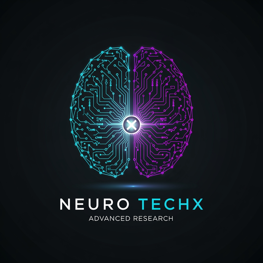 AI Design for Professional logo design for a neuro engineering and brain intelligence research organization called "NEURO TECHX". The icon mark depicts a stylised human brain silhouette constructed entirely from glowing interconnected nodes and ultra-thin signal lines forming a neural network graph. Left hemisphere rendered as sharp geometric circuit-board pathways with right angles and precise nodes; right hemisphere rendered as organic curved synapse arcs with tapered signal lines. At the anatomical centre where both hemispheres meet, a single intensely bright node emits a soft radial glow — at its core, two crossing diagonal signal lines form the letter X, made from light rather than ink. This X-node is the visual anchor of the entire mark. Colour palette: deep matte near-black background (#050A14), nodes and lines in electric cyan (#00C8FF) transitioning to deep violet (#7B2FFF) toward the brain's outer edges, central X-node in pure white with a cyan inner bloom and violet outer haze. All connection lines taper from bright at origin to near-invisible at periphery, suggesting live electrical signal propagation. Below the icon: wordmark "NEURO TECHX" in all-caps geometric sans-serif — "NEURO" in clean white, "TECHX" in cyan-to-violet left-to-right gradient. Beneath that in small, widely-tracked cool grey letters: "ADVANCED RESEARCH". Style: ultra-premium tech brand, cinematic dark theme, photorealistic glow and light physics on a flat vector base, no gradients on background, no decorative borders, no outer glow halos on wordmark. Square canvas 1:1.